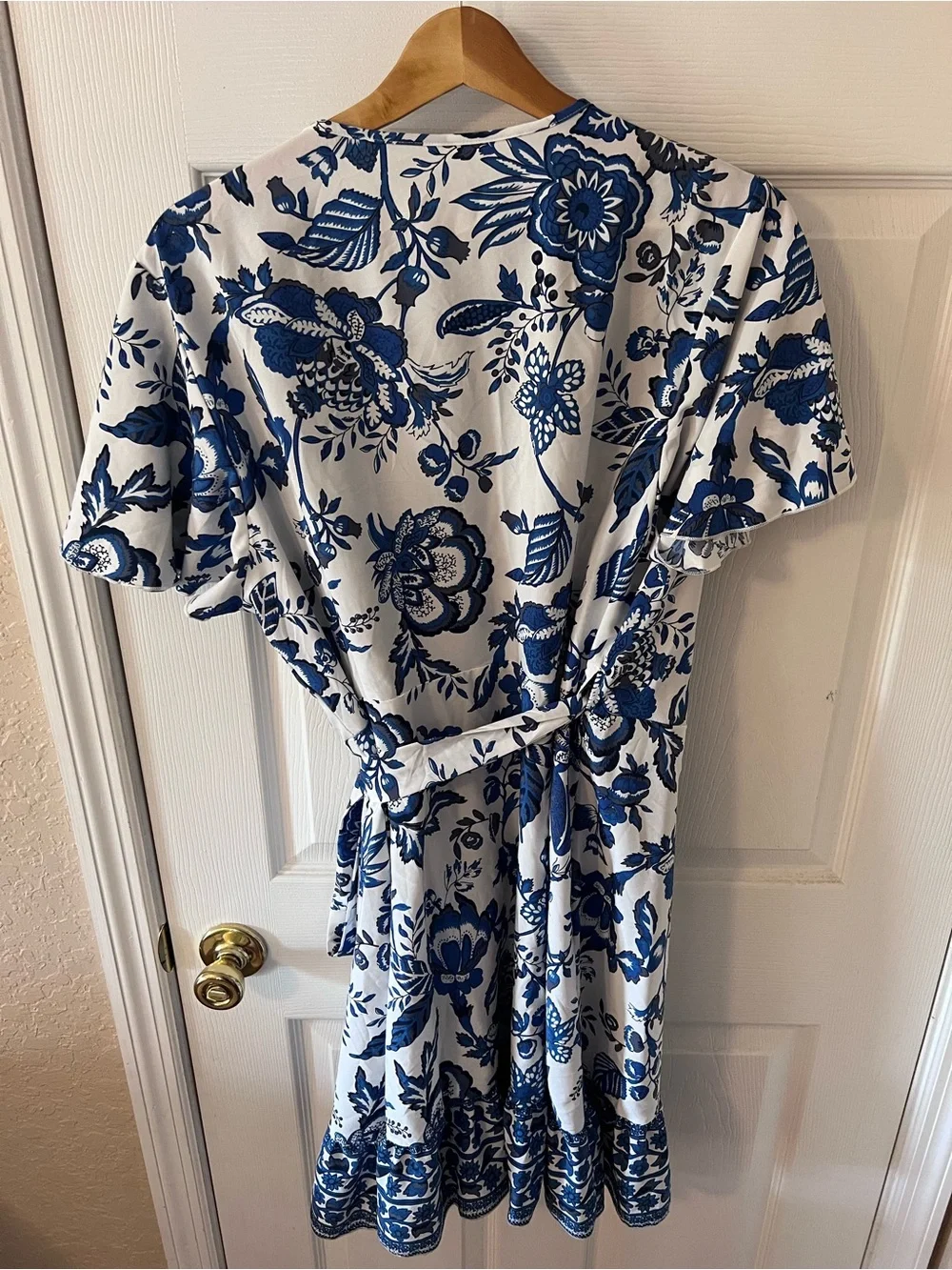 Boho Floral Print Short Sleeve Wrap V Neck Ruffle Hem A Line Dress Summer